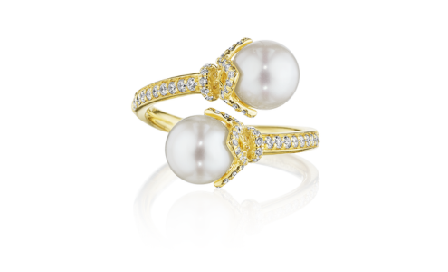 A glamorous yellow gold toi et moi pearl ring from Verragio, available at Adlers Jewelers.