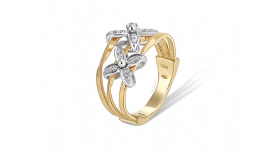 a mixed metal fashion ring featuring three bands and two floral motifs