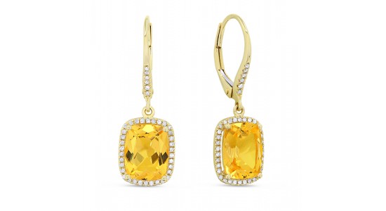 a pair of yellow gold drop earrings featuring bright citrine and diamond accents