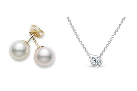 A pair of elegant earrings by Mikimoto and a Hearts on Fire necklace, available at Adlers Jewelers.