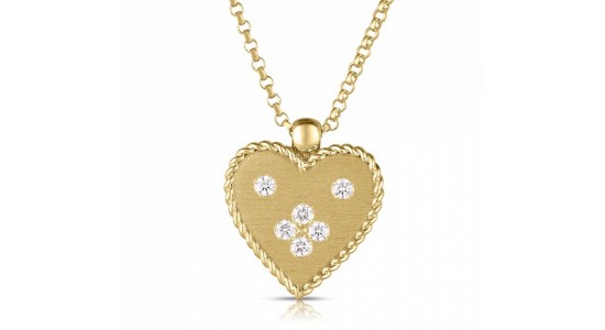 a yellow gold heart pendant necklace featuring round cut diamonds