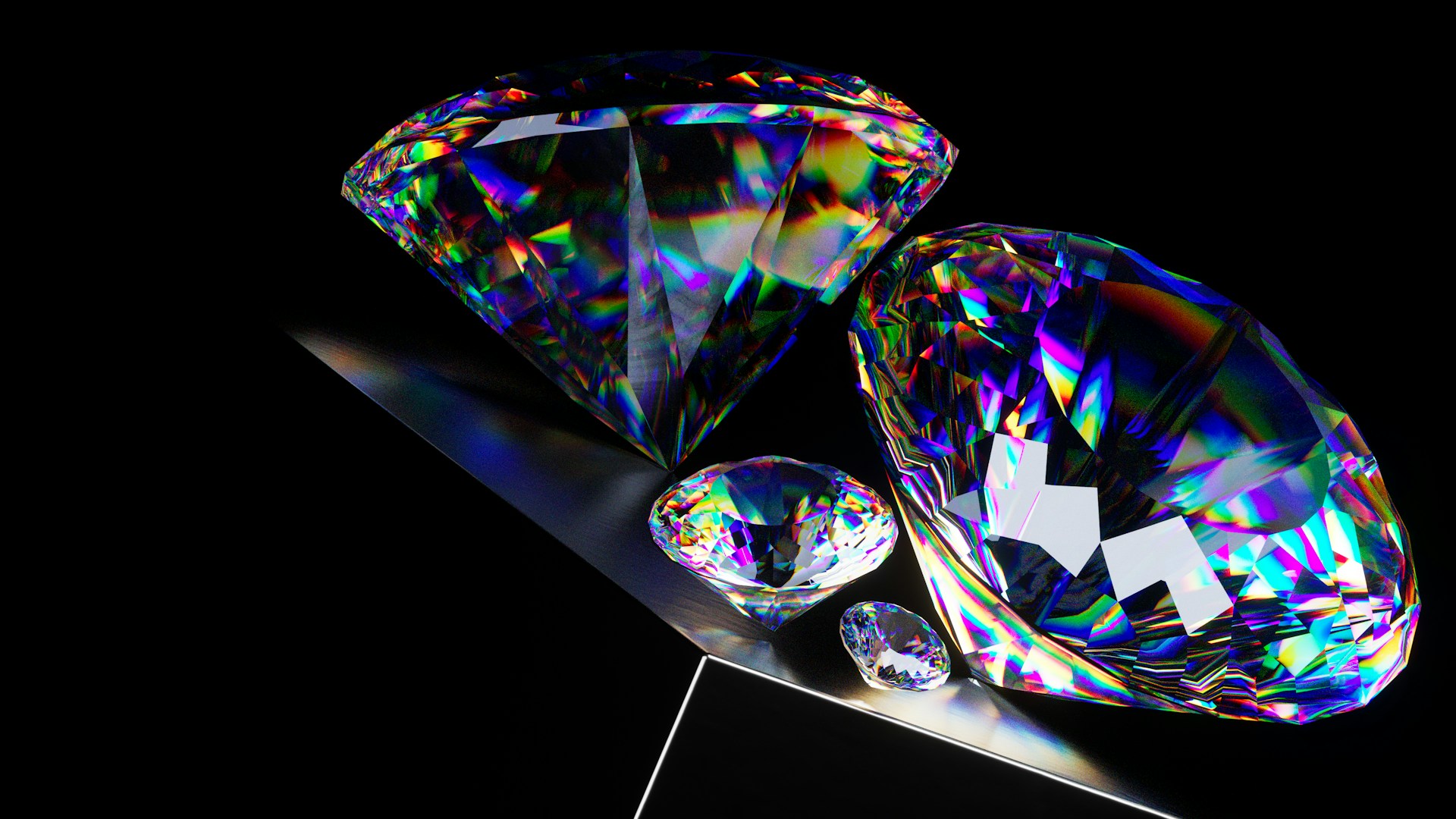 A close-up of brilliant and colorful round-cut diamonds on a dark background.