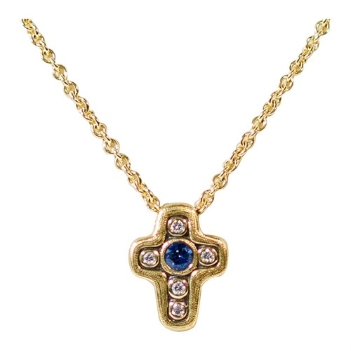 ALEX SEPKUS SAPPHHIRE AND DIAMOND CROSS PENDANT WITH CHAIN