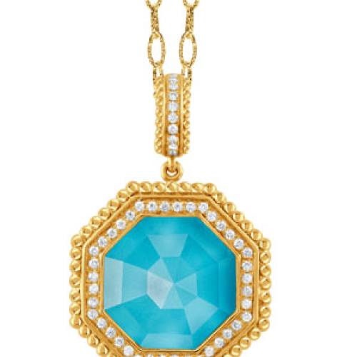 DOVES JUSTINIAN  DIAMOND AND TURQUOISE PENDANT AND BEAD CHAIN