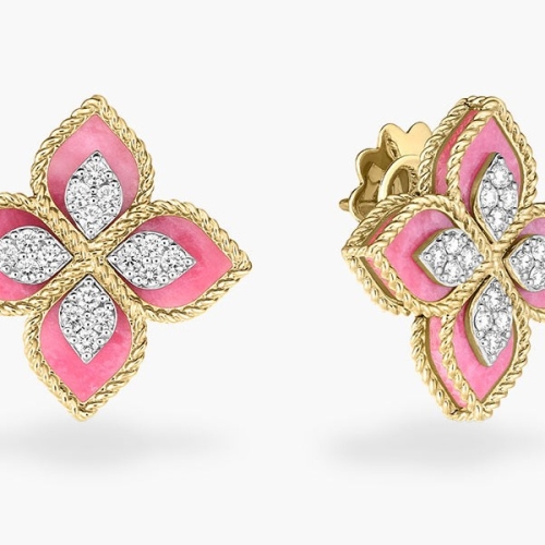 ROBERTO COIN VENETIAN PRINCESS DIAMOND AND RHODONITE EARRINGS