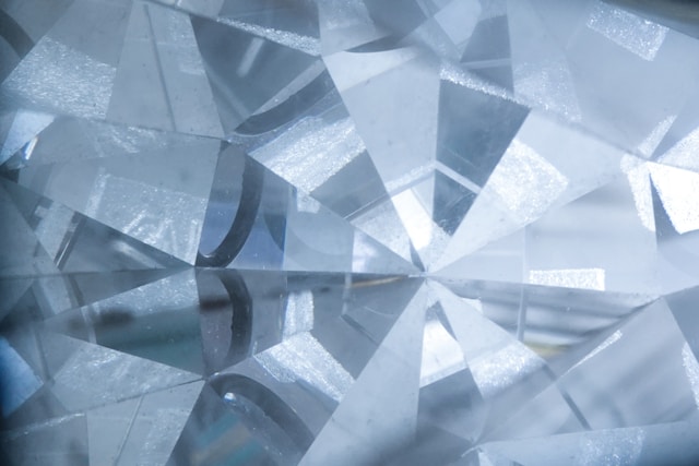 A close-up of the facets within a lab grown diamond.