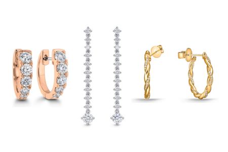 A close-up of three fashionable pairs of Memoire earrings, available at Adlers Jewelers.